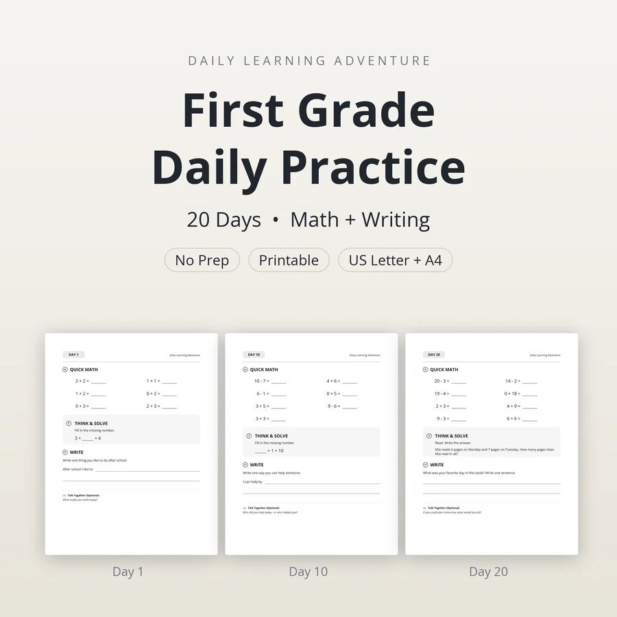 Cover of the First Grade Morning Work printable: 20 days of daily math and writing practice, showing sample pages for Day 1, Day 10 and Day 20.
