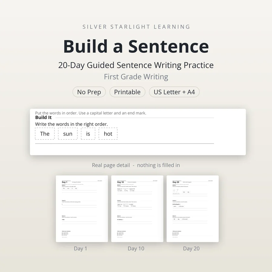 Cover of the First Grade Build a Sentence worksheets: 20 days of guided sentence writing practice, with a real page detail and sample pages for Day 1, Day 10 and Day 20.